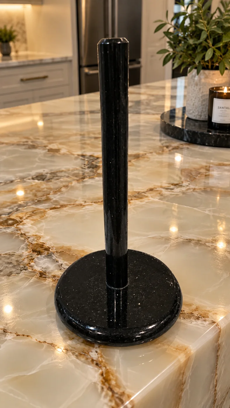 Diseño de muestra de portarrollos con base redonda de piedra oscura